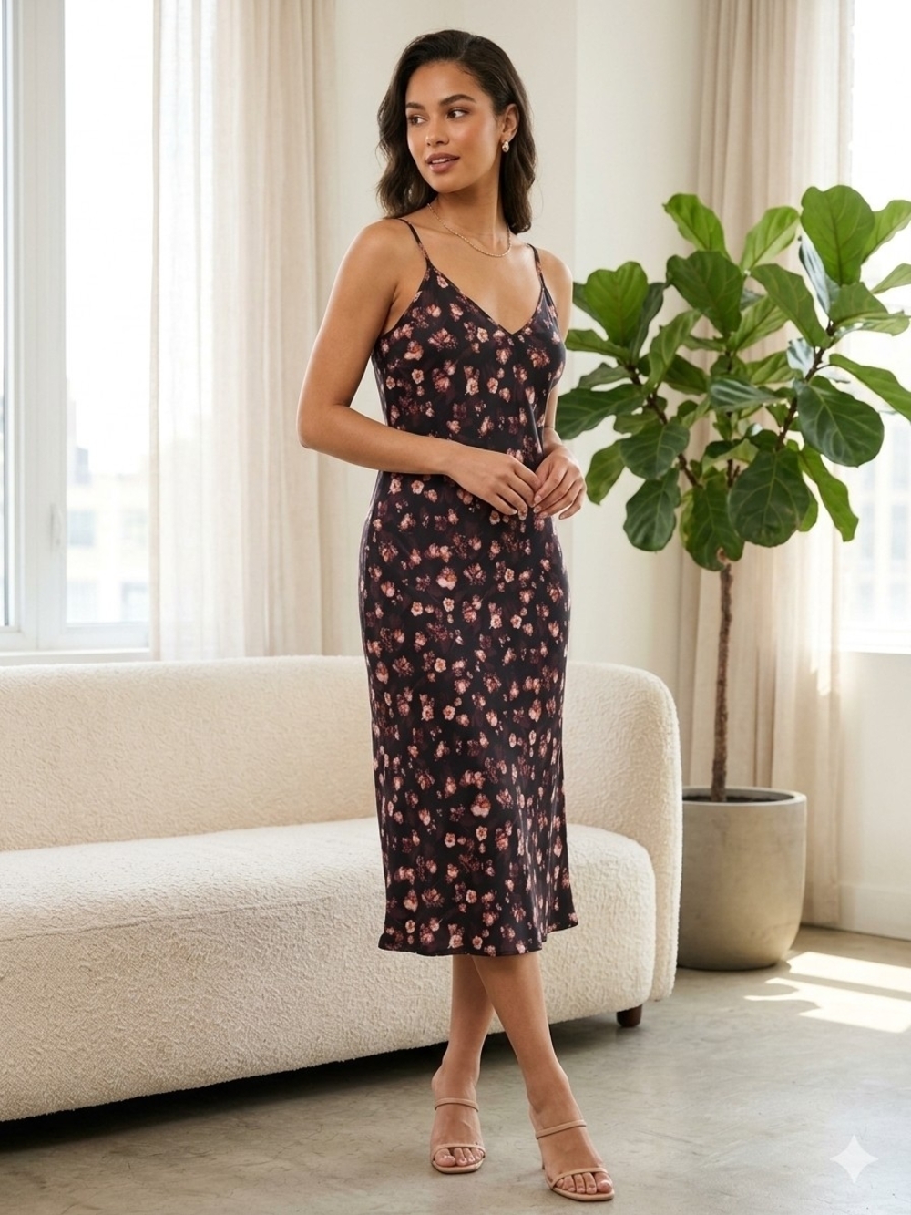 Black Floral Slip Midi Dress Spaghetti Straps Coquette Soft Girl Whimsigoth L